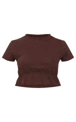 Outlet PrettyLittleThing Cotton Ruched Detail Crop Top Chocolate