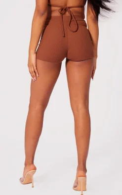 Outlet PrettyLittleThing Crinkle Rib Hotpants Chocolate