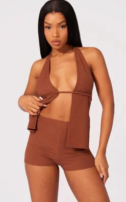 Outlet PrettyLittleThing Crinkle Rib Hotpants Chocolate