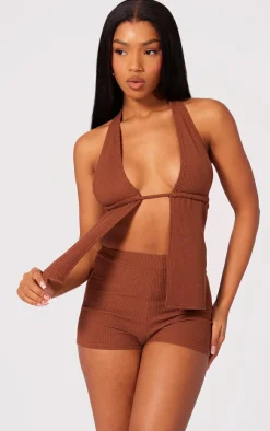 Outlet PrettyLittleThing Crinkle Rib Hotpants Chocolate
