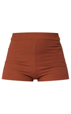 Outlet PrettyLittleThing Crinkle Rib Hotpants Chocolate