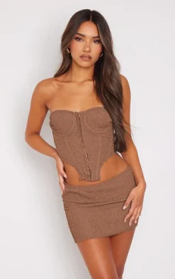 New PrettyLittleThing Crinkle Textured Hook And Eye Boned Strapless Corset Chocolate