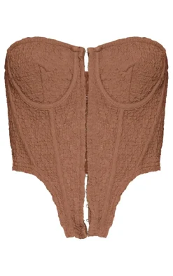 New PrettyLittleThing Crinkle Textured Hook And Eye Boned Strapless Corset Chocolate