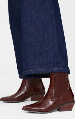 PrettyLittleThing Low Heels*Chocolate Croc PU Point Toe Low Block Heel Western Ankle Boots