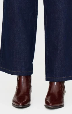 PrettyLittleThing Low Heels*Chocolate Croc PU Point Toe Low Block Heel Western Ankle Boots
