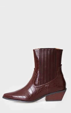 PrettyLittleThing Low Heels*Chocolate Croc PU Point Toe Low Block Heel Western Ankle Boots