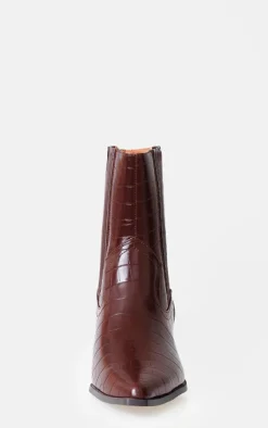 PrettyLittleThing Low Heels*Chocolate Croc PU Point Toe Low Block Heel Western Ankle Boots