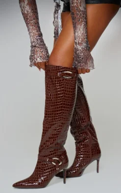 PrettyLittleThing Knee High Boots*Croc Pu Point Toe Ring Detail Knee High Heeled Boots