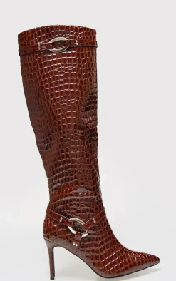 PrettyLittleThing Knee High Boots*Croc Pu Point Toe Ring Detail Knee High Heeled Boots
