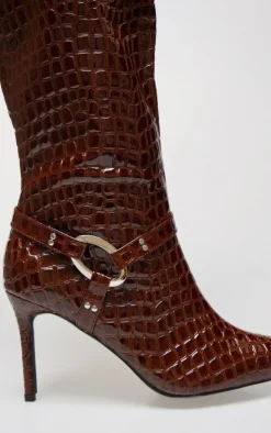 PrettyLittleThing Knee High Boots*Croc Pu Point Toe Ring Detail Knee High Heeled Boots