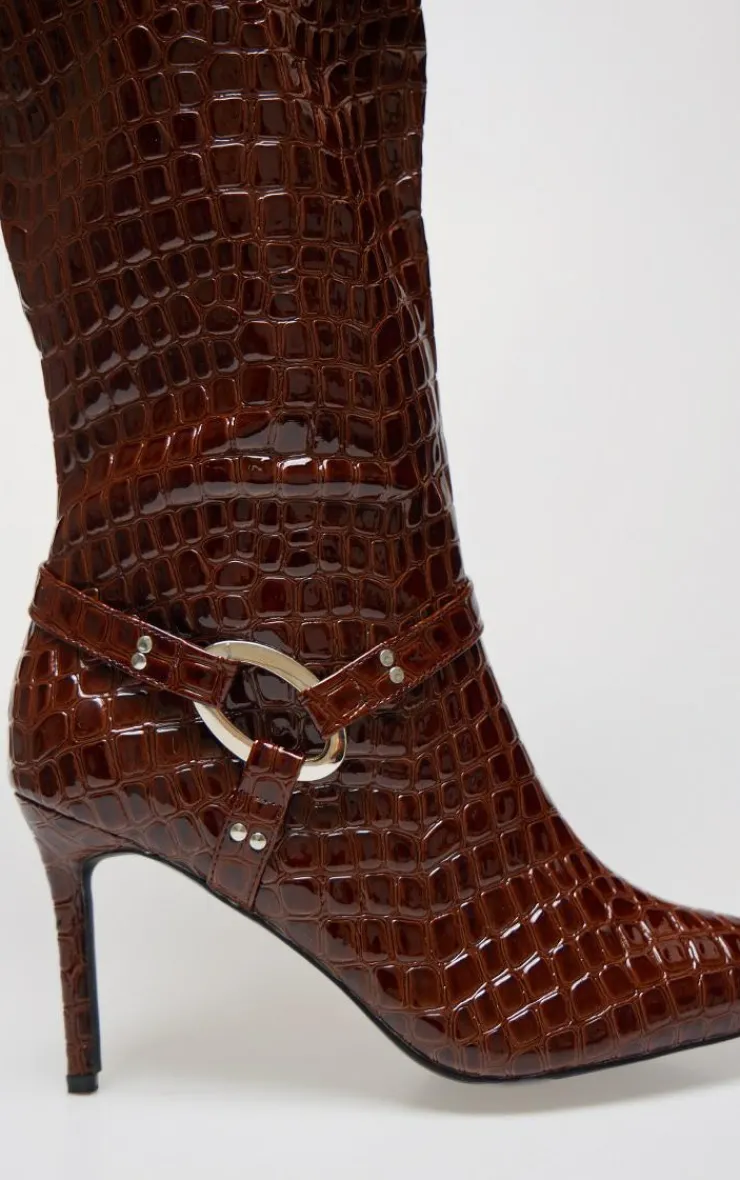 PrettyLittleThing Knee High Boots*Croc Pu Point Toe Ring Detail Knee High Heeled Boots