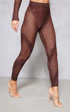 Discount PrettyLittleThing Crochet Knit Contrast Panel Leggings Chocolate
