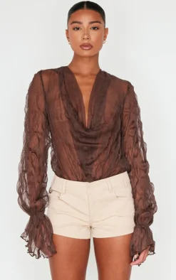 Chocolate Crushed Mesh Sheer Cowl Bodysuit-PrettyLittleThing Discount