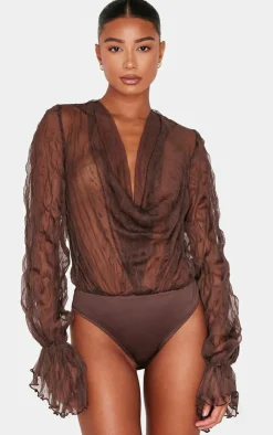 Chocolate Crushed Mesh Sheer Cowl Bodysuit-PrettyLittleThing Discount