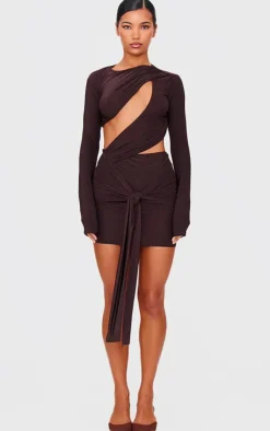 Chocolate Cut Out Bust Panel Long Sleeve Drape Bodycon Dress-PrettyLittleThing Sale
