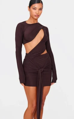 Chocolate Cut Out Bust Panel Long Sleeve Drape Bodycon Dress-PrettyLittleThing Sale