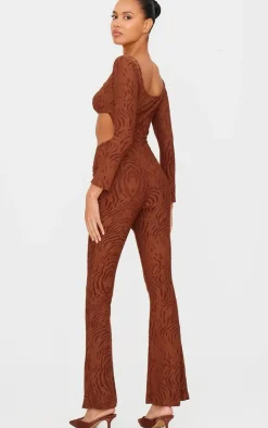 Chocolate Devore Long Sleeve Trim Cut Out Detail Jumpsuit-PrettyLittleThing Hot