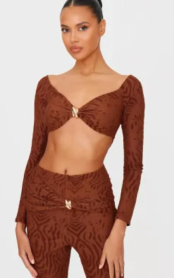 Chocolate Devore Long Sleeve Trim Cut Out Detail Jumpsuit-PrettyLittleThing Hot