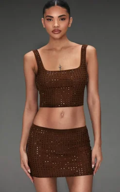 Outlet PrettyLittleThing Diamante Double Layer Mesh Scooped Back Cami Top Chocolate