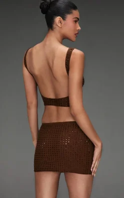 Outlet PrettyLittleThing Diamante Double Layer Mesh Scooped Back Cami Top Chocolate