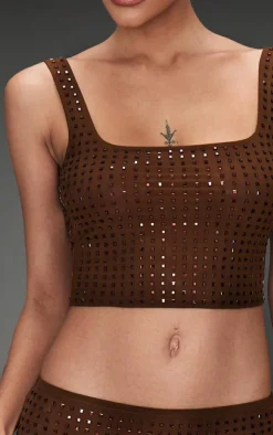 Outlet PrettyLittleThing Diamante Double Layer Mesh Scooped Back Cami Top Chocolate