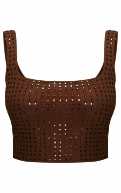 Outlet PrettyLittleThing Diamante Double Layer Mesh Scooped Back Cami Top Chocolate