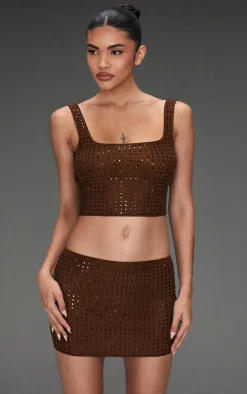 Sale PrettyLittleThing Chocolate Diamante Double Layer Mesh Micro Mini Skirt Chocolate.