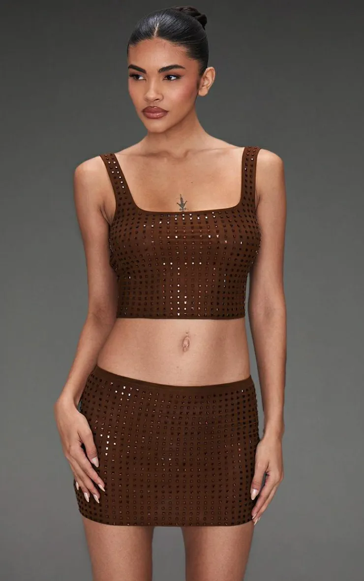 Sale PrettyLittleThing Chocolate Diamante Double Layer Mesh Micro Mini Skirt Chocolate.