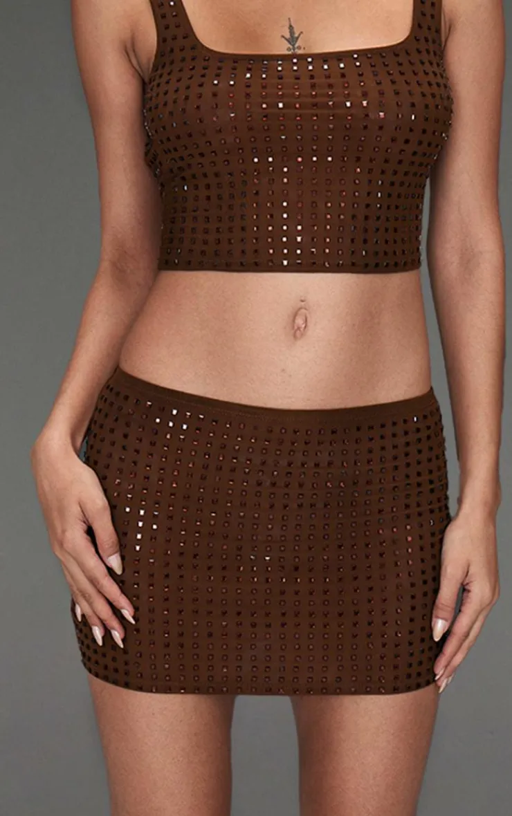 Sale PrettyLittleThing Chocolate Diamante Double Layer Mesh Micro Mini Skirt Chocolate.