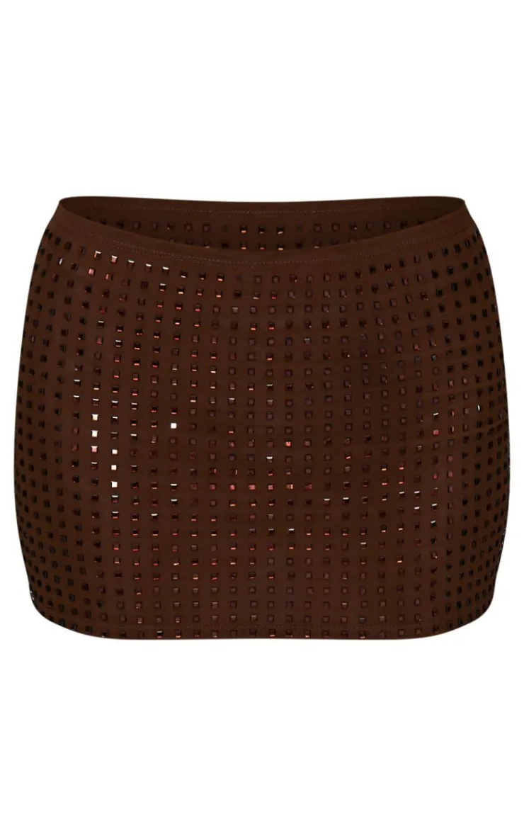Sale PrettyLittleThing Chocolate Diamante Double Layer Mesh Micro Mini Skirt Chocolate.