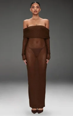 Chocolate Diamante Mesh Bardot Maxi Dress-PrettyLittleThing Sale