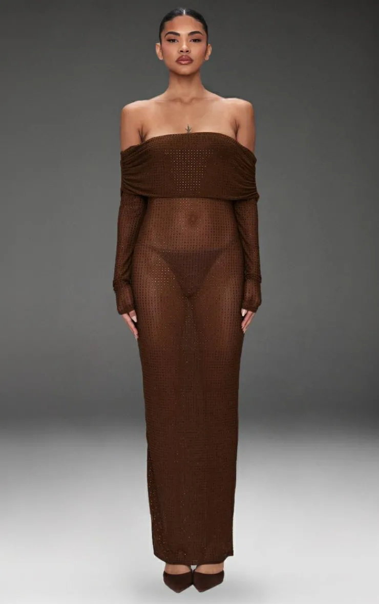 Chocolate Diamante Mesh Bardot Maxi Dress-PrettyLittleThing Sale