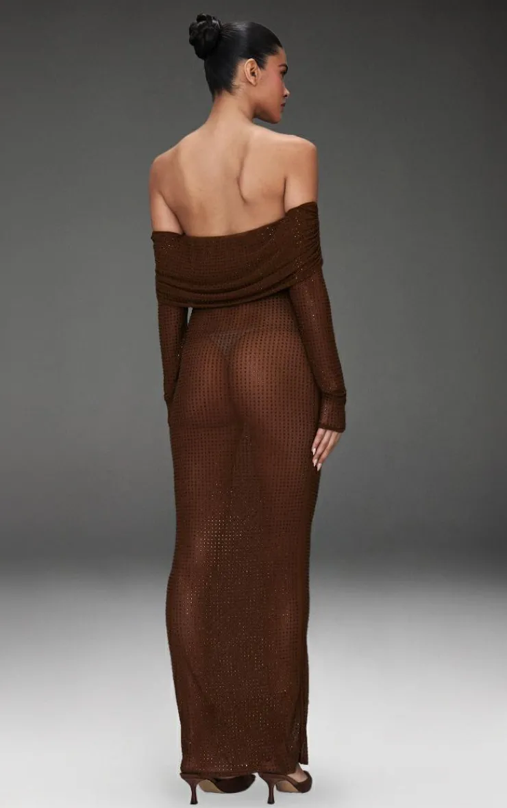 Chocolate Diamante Mesh Bardot Maxi Dress-PrettyLittleThing Sale