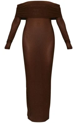 Chocolate Diamante Mesh Bardot Maxi Dress-PrettyLittleThing Sale