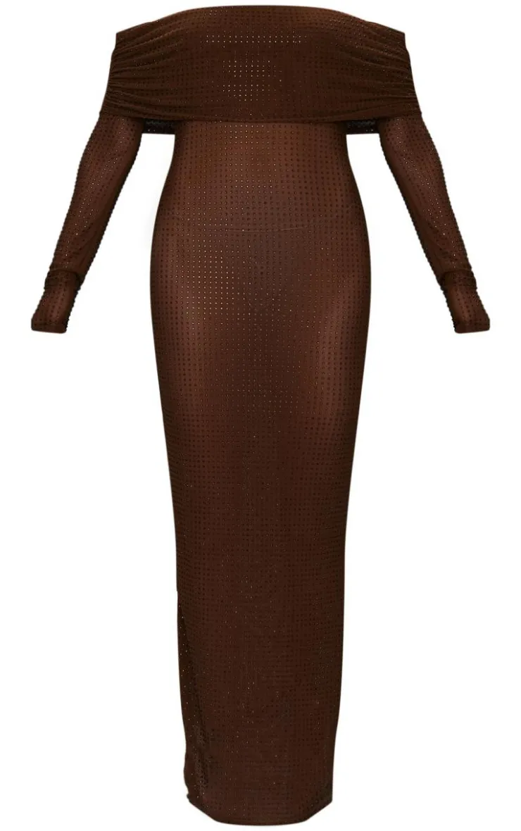 Chocolate Diamante Mesh Bardot Maxi Dress-PrettyLittleThing Sale
