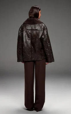 PrettyLittleThing Aviator Jackets*Chocolate Distressed Faux Leather Borg Contrast Aviator Jacket