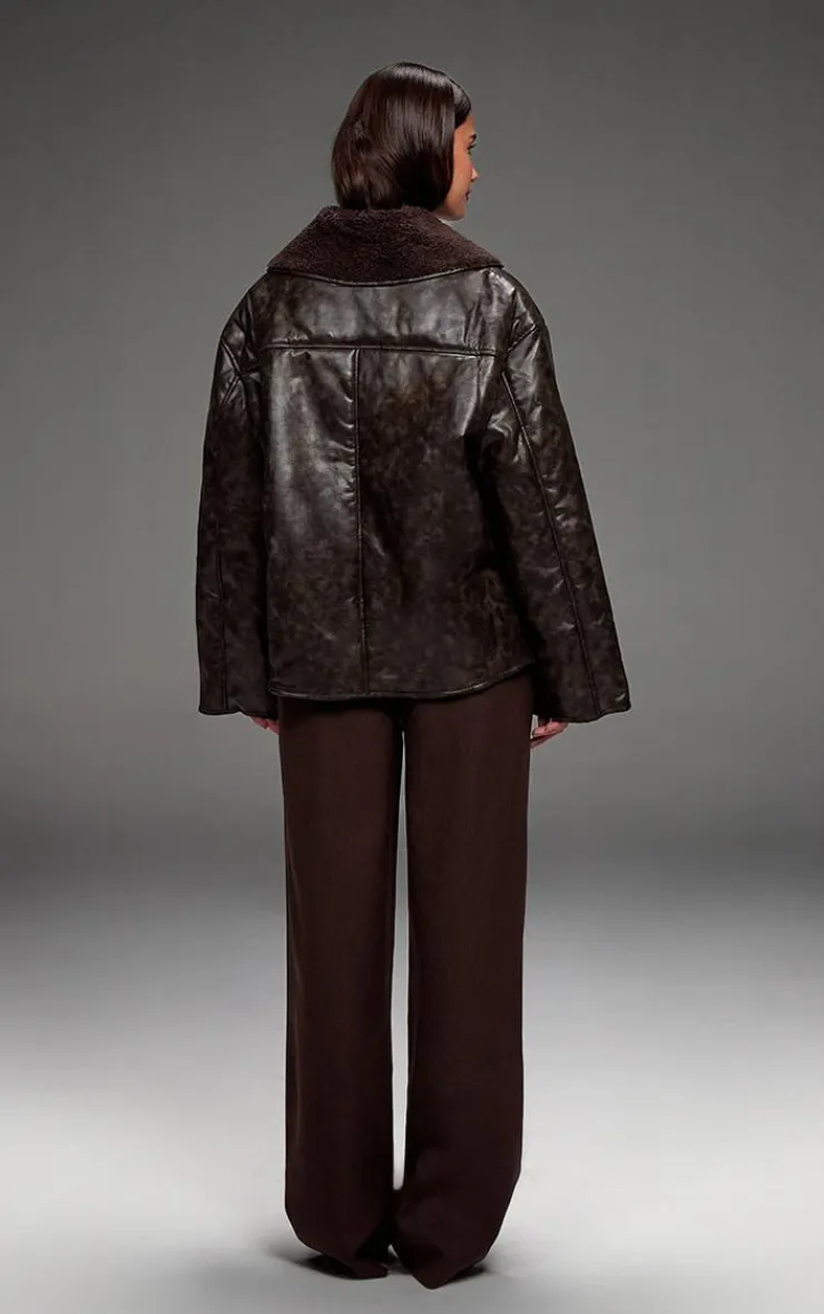 PrettyLittleThing Aviator Jackets*Chocolate Distressed Faux Leather Borg Contrast Aviator Jacket