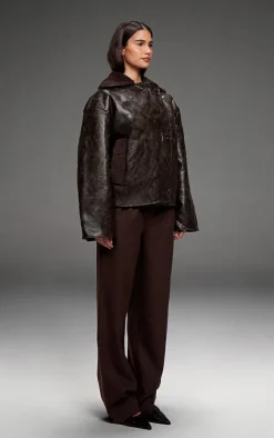 PrettyLittleThing Aviator Jackets*Chocolate Distressed Faux Leather Borg Contrast Aviator Jacket