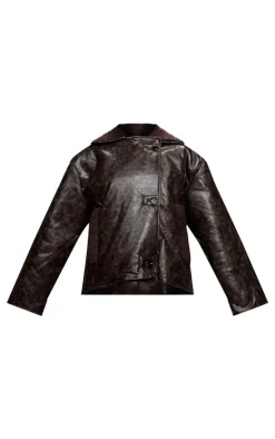 PrettyLittleThing Aviator Jackets*Chocolate Distressed Faux Leather Borg Contrast Aviator Jacket
