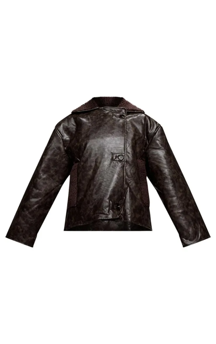 PrettyLittleThing Aviator Jackets*Chocolate Distressed Faux Leather Borg Contrast Aviator Jacket