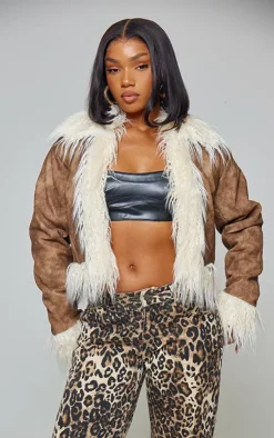 PrettyLittleThing Faux Fur Coats*Distressed Pu Faux Fur Cuff And Collar Jacket