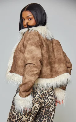 PrettyLittleThing Faux Fur Coats*Distressed Pu Faux Fur Cuff And Collar Jacket