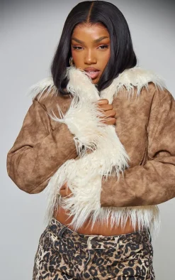 PrettyLittleThing Faux Fur Coats*Distressed Pu Faux Fur Cuff And Collar Jacket