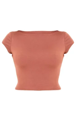 Hot PrettyLittleThing Chocolate Double Contour Jersey Cap Sleeve Scoop Back Top Chocolate.