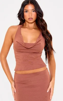 Discount PrettyLittleThing Chocolate Double Contour Jersey Halterneck Crop Top Chocolate.