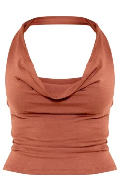 Discount PrettyLittleThing Chocolate Double Contour Jersey Halterneck Crop Top Chocolate.