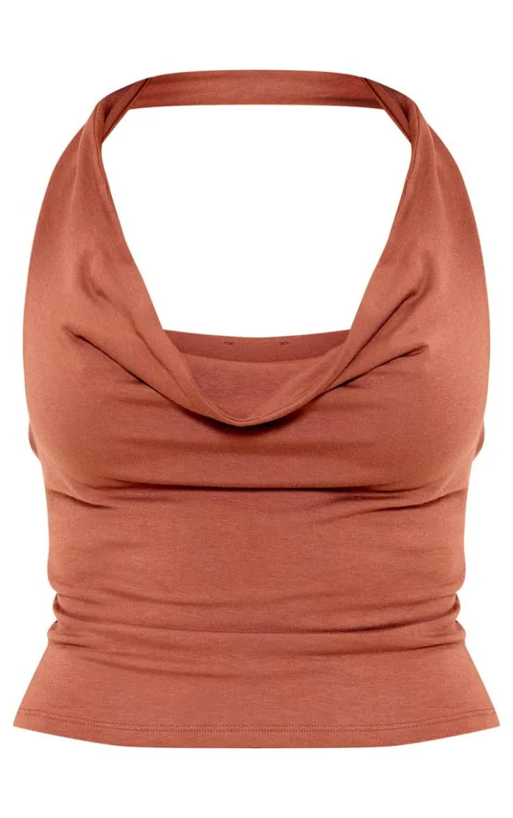 Discount PrettyLittleThing Chocolate Double Contour Jersey Halterneck Crop Top Chocolate.