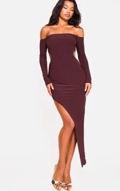 Double Layer Long Sleeve Bardot Cut Out Midi Dress-PrettyLittleThing Discount
