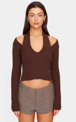 PrettyLittleThing Knitted Tops*Chocolate Double Layer Rib Knit Long Sleeve Top