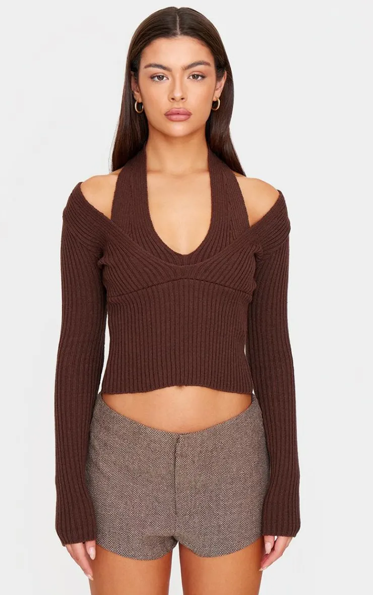 PrettyLittleThing Knitted Tops*Chocolate Double Layer Rib Knit Long Sleeve Top